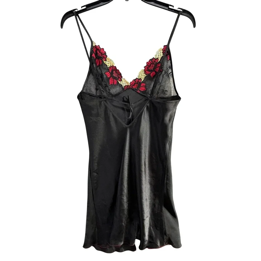 Jasmin Y2K Satin Slip Dress Small Black Red Floral Embroidery Nightwear Lingerie